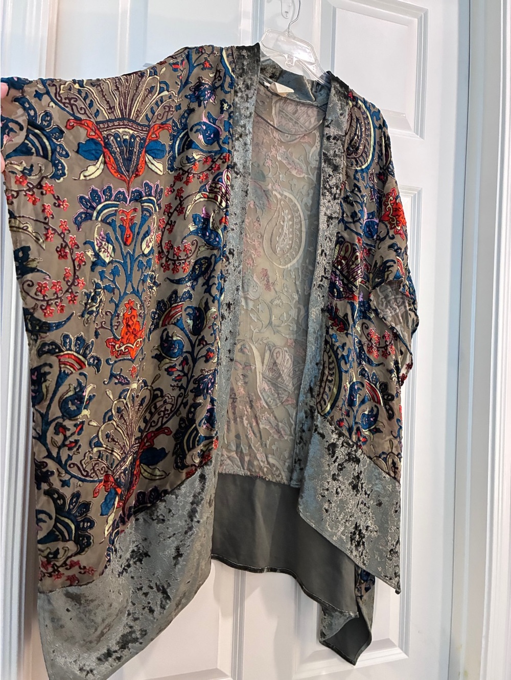 Paisley Burnout Velvet Trim Open Kimono Cardigan - Gray Green Blue & Red Accents